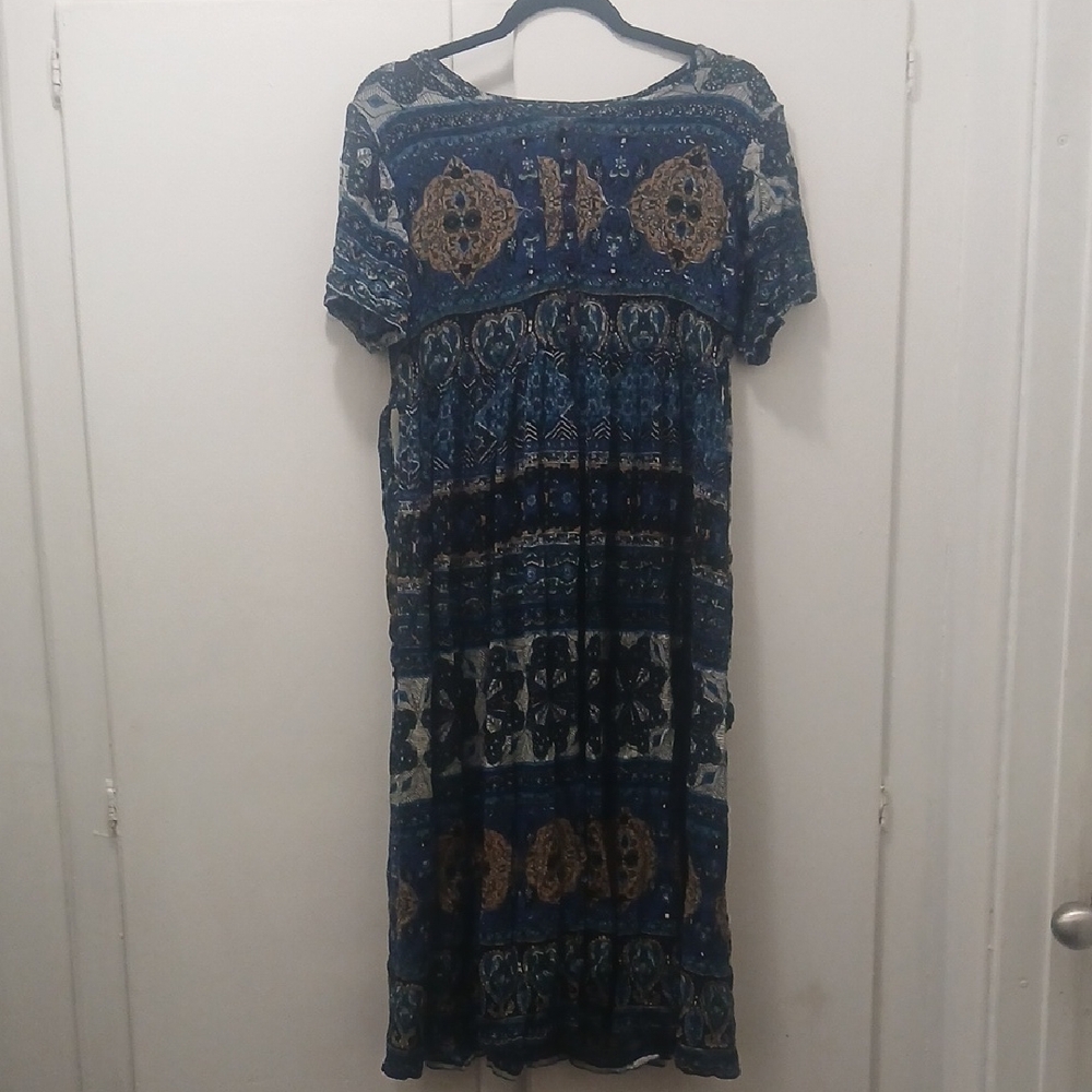 Elegant Blue and Brown Maxi Dress